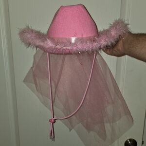 Pink Feathered Hat with Veil. Bridal Fun